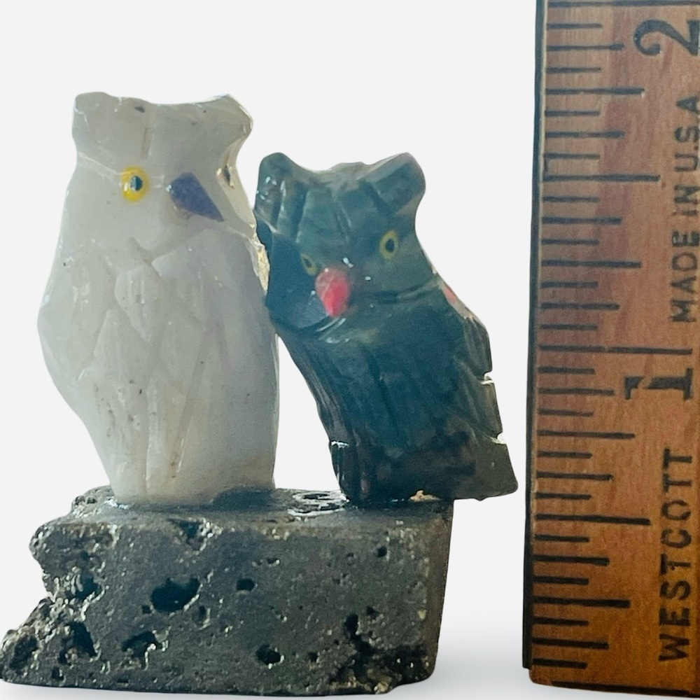 Handcrafted Carved Stone Owl Figurines on Pyrite Base - Picture 6 of 6